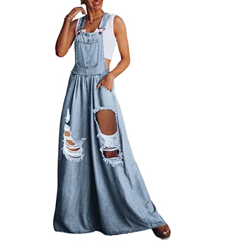 Qtinghua Frauen Lose Baggy Overall Plus Größe Breites Bein Einstellbare Bib Denim Jumpsuits Hohe Taille Haremshose Mit Tasche, Zerrissenes Hellblau, 42 von Qtinghua