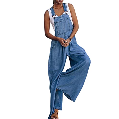 Qtinghua Damen-Overall, locker, bauchiger Overall, Übergröße, weites Bein, verstellbar, Denim-Jumpsuit, hohe Taille, Haremshose mit Tasche, Solid Blue, 36 von Qtinghua