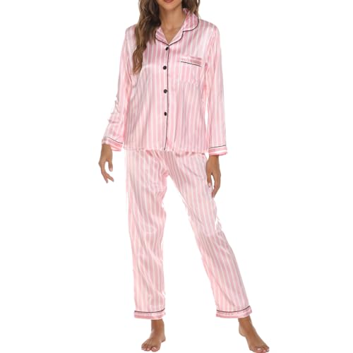 Qtinghua Damen-Pyjama-Set, Satin, 2-teilig, langärmelig, Button-Down-Shirt und Hose, Loungewear, Nachtwäsche, Rosa gestreift, 36 von Qtinghua