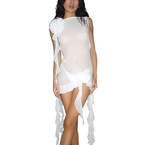 Qtinghua Damen Sexy Rüschen Bodycon Schlauchkleid 3D Floral Quasten Durchsichtiges Mesh Ruched Split Y2k Maxikleid Ästhetische Kleider, B# White Dress, Medium von Qtinghua