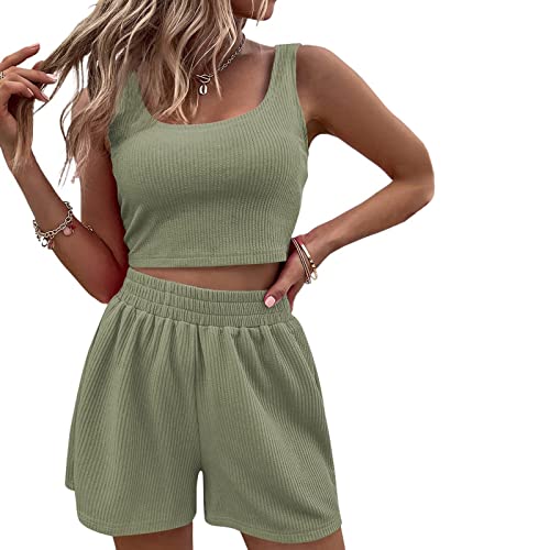 Qtinghua Damen Sommer 2-teiliges Outfit Lounge Matching Sets Zweiteilige Tank Tops Shorts Trainingsanzug Urlaub Set, grün, 36 von Qtinghua