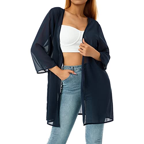 Qtinghua Damen-Sommer-Strickjacke, Chiffon, durchsichtig, lockere Kimono-Strickjacke, Capes, Bolero, leger, Überwurf, marineblau, XL von Qtinghua