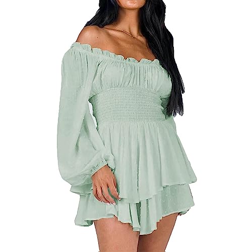 Qtinghua Damen-Strampler mit Laternen-Rüschen, schulterfrei, Puffärmel, fließender Lyaner-Strampler, Kleid, gesmokt, kurzer Overall, Playsuits, D# Grüner Langarm-Strampler, S von Qtinghua