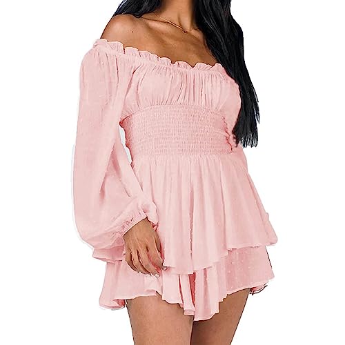 Qtinghua Damen-Strampler mit Laternen-Rüschen, schulterfrei, Puffärmel, fließender Lyaner-Strampler, Kleid, gesmokt, kurzer Overall, Playsuits, D# Rosa Langarm-Strampler, S von Qtinghua