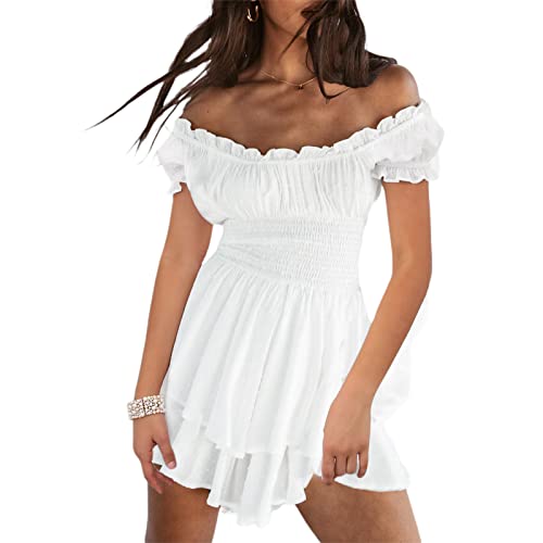 Qtinghua Damen-Strampler mit Laternen-Rüschen, schulterfrei, Puffärmel, fließender Lyaner-Strampler, Kleid, gesmokt, kurzer Overall, Playsuits, E# Weißer Kurzarm-Strampler, M von Qtinghua