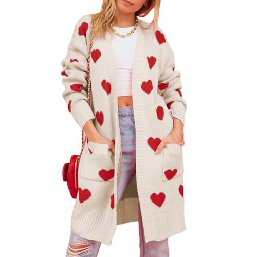 Qtinghua Damen-Strickjacke, langärmelig, vorne offen, Herz-Druck, Strickjacken mit Taschen, Valentinstag, Streetwear, aprikose, S von Qtinghua