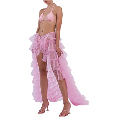 Qtinghua Damen Tüll Maxi Langer Rock Bodenlang Geschichtet Unregelmäßig Hohe Taille Geschwollener Rock Hochzeit Party Rock, rose, Einheitsgröße von Qtinghua