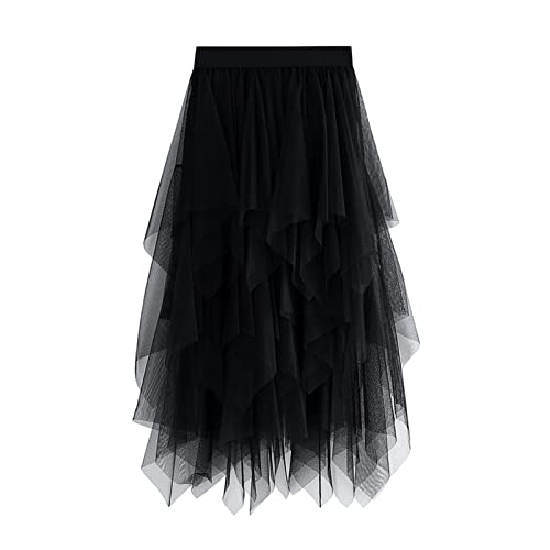 Qtinghua Damen Tüll Rock Hoch Niedrig Asymmetrisch 3 Lagen Midi Elastische Taille Tutu Röcke Casual Party Kleid, 00# Schwarz, Einheitsgröße von Qtinghua