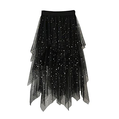 Qtinghua Damen Tüll Rock Hoch Niedrig Asymmetrisch 3 Lagen Midi Elastische Taille Tutu Röcke Casual Party Kleid, 01# Schwarz, Einheitsgröße von Qtinghua