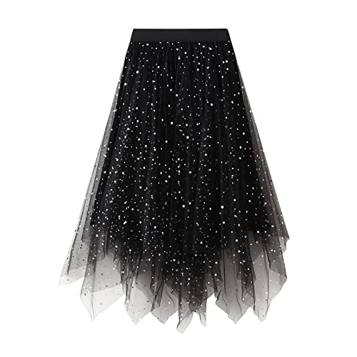 Qtinghua Damen Tüll Rock Hoch Niedrig Asymmetrisch 3 Lagen Midi Elastische Taille Tutu Röcke Casual Party Kleid, 02#schwarz, Einheitsgröße von Qtinghua