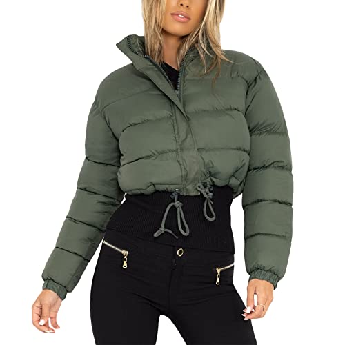 Qtinghua Damen Winter Cropped Puffer Jacke Patch Crop Stehkragen Gesteppte Puffer Jacken Outwear Leichter Mantel, grün, 36 von Qtinghua