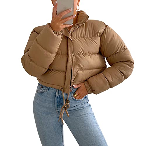 Qtinghua Damen Winter Cropped Puffer Jacke Patch Crop Stehkragen Gesteppte Puffer Jacken Outwear Leichter Mantel, khaki, 36 von Qtinghua