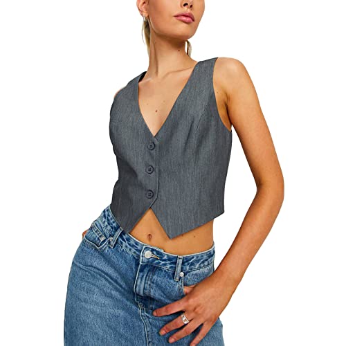 Qtinghua Damen Y2K Weste mit Knopfleiste, elegant, lässig, vielseitig, Racerback, Smoking, Anzugweste, Vintage, Punk, Streetwear, A-Grau, 38 von Qtinghua