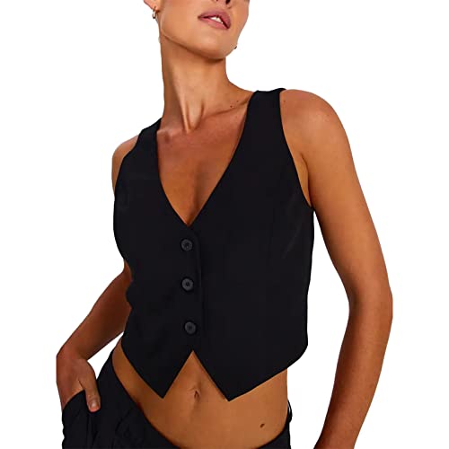 Qtinghua Damen Y2K Weste mit Knopfleiste, elegant, lässig, vielseitig, Racerback, Smoking, Anzugweste, Vintage, Punk, Streetwear, A-schwarz, 38 von Qtinghua