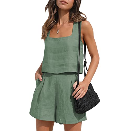 Qtinghua Damen Zweiteilige Outfits Casual Leinen Passende Sets Tank Top und Shorts Sommer Strand Urlaub Kleidung Y2K Streetwear, A-Bohnengrün, 36 von Qtinghua