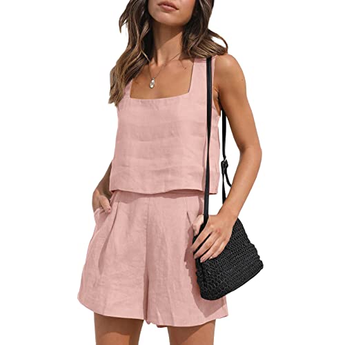 Qtinghua Damen Zweiteilige Outfits Casual Leinen Passende Sets Tank Top und Shorts Sommer Strand Urlaub Kleidung Y2K Streetwear, A-Pink, 42 von Qtinghua