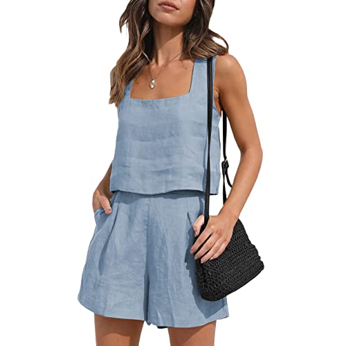 Qtinghua Damen Zweiteilige Outfits Casual Leinen Passende Sets Tank Top und Shorts Sommer Strand Urlaub Kleidung Y2K Streetwear, A-light blue, 38 von Qtinghua