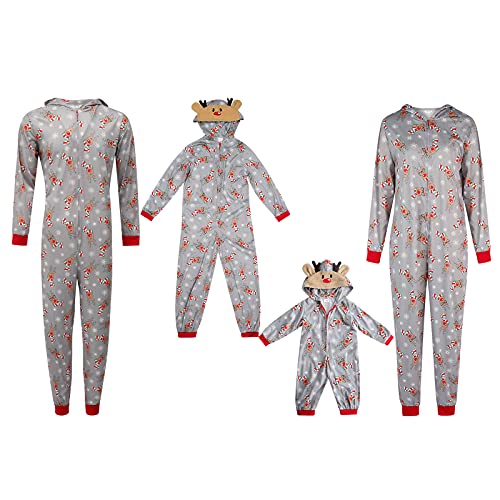 Qtinghua Family Matching Pajamas Sets Christmas Parent-Child Sleepwear Elk Print Hooded Long Sleeve Jumpsuit with Zipper Xmas Loungewear (Gray Kid, 9 Years) von Qtinghua