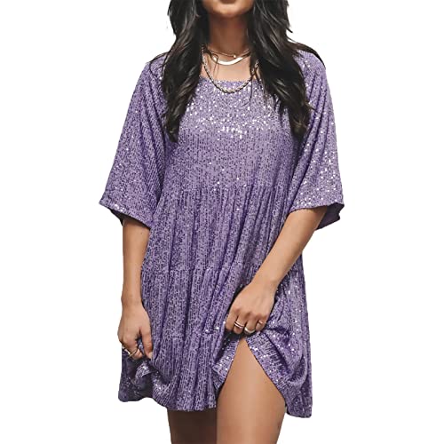 Qtinghua Glitzerndes Pailletten-Minikleid für Frauen, kurzärmelig, Babydoll-Pailletten-T-Shirt-Kleid, gestuftes Tunika-Kleid, Konzert-Partykleid, violett, Medium von Qtinghua