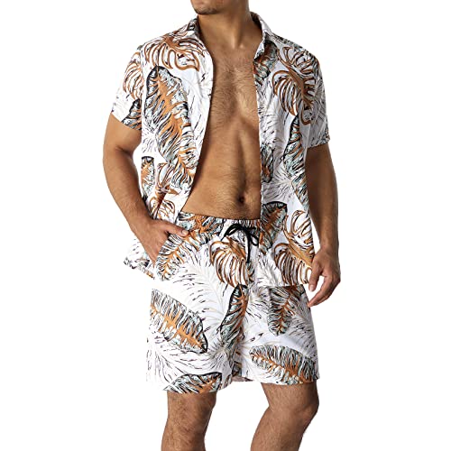 Qtinghua Herren Bedrucktes Hemd Hawaii-Sets Casual Button Down Kurzarm Shirt und Shorts Sommer Strand Anzug, Mehrfarbig 4, L von Qtinghua