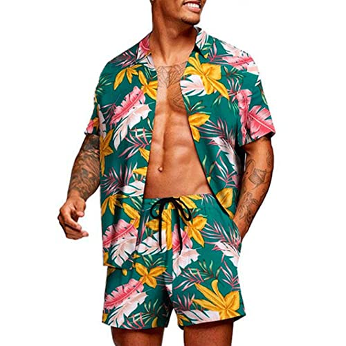 Qtinghua Herren Bedrucktes Hemd Hawaii-Sets Casual Button Down Kurzarm Shirt und Shorts Sommer Strand Anzug, Mehrfarbig 10, L von Qtinghua