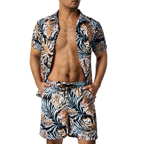 Qtinghua Herren Bedrucktes Hemd Hawaii-Sets Casual Button Down Kurzarm Shirt und Shorts Sommer Strand Anzug, Mehrfarbig 6, 3XL von Qtinghua