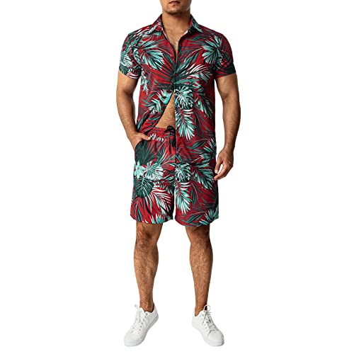 Qtinghua Herren Bedrucktes Hemd Hawaii-Sets Casual Button Down Kurzarm Shirt und Shorts Sommer Strand Anzug, Mehrfarbig 7, XXXXX-Large von Qtinghua