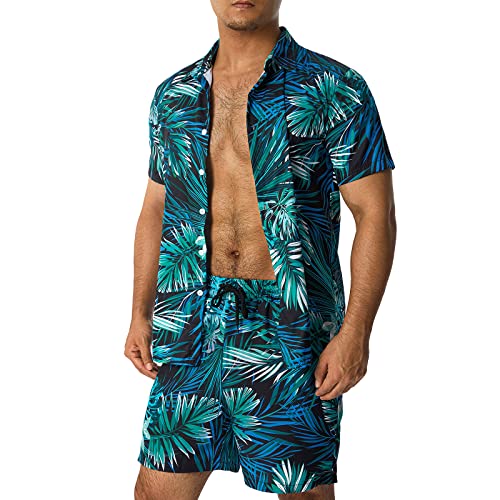 Qtinghua Herren Bedrucktes Hemd Hawaii-Sets Casual Button Down Kurzarm Shirt und Shorts Sommer Strand Anzug, Mehrfarbig 8, M von Qtinghua