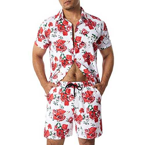 Qtinghua Herren Bedrucktes Hemd Hawaii-Sets Casual Button Down Kurzarm Hemd und Shorts Sommer Strandanzug, Mehrfarbig 9, L von Qtinghua