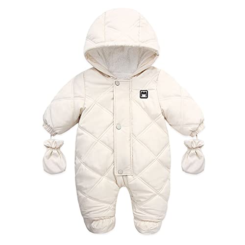 Qtinghua Infant Baby Boys Girls Winter Jumpsuits Snowsuit with Gloves Warm Hoodied Footie Outwear Down Coat Romper Jacket (D Beige, 18-24 Months) von Qtinghua