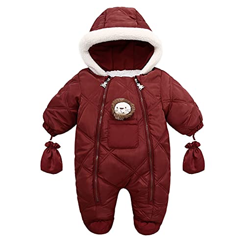 Qtinghua Infant Baby Boys Girls Winter Jumpsuits Snowsuit with Gloves Warm Hoodied Footie Outwear Down Coat Romper Jacket (E Wine Red, 6-9 Months) von Qtinghua