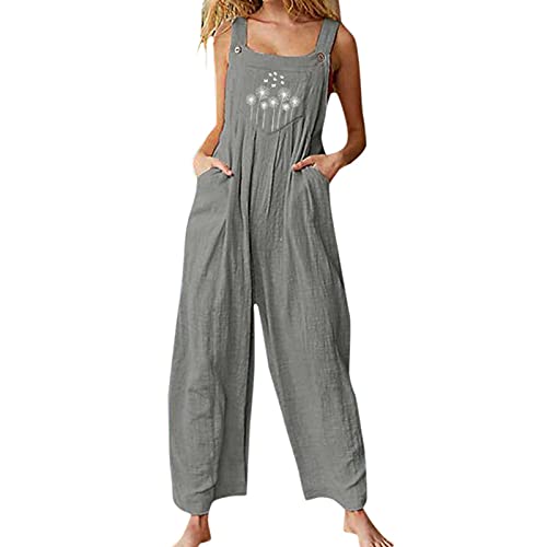 Qtinghua Jumpsuits für Damen, lockere Übergröße, Overall, Latzhose, leger, Sommer, Retro-Druck, breite Beine, Knöpfe, Jumpsuits mit Taschen, A Grey, 36 von Qtinghua