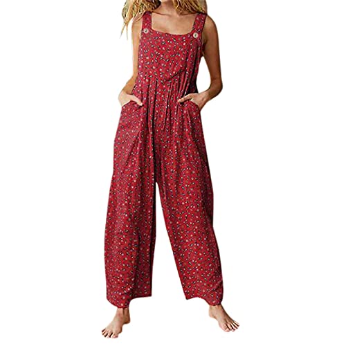 Qtinghua Jumpsuits für Damen, lockere Übergröße, Overall, Latzhose, leger, Sommer, Retro-Druck, breite Beine, Knöpfe, Jumpsuits mit Taschen, A Rot, 36 von Qtinghua