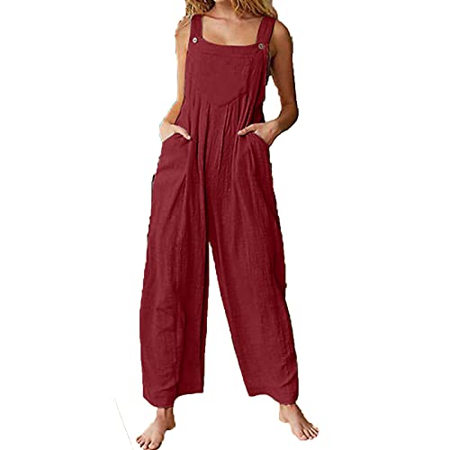 Qtinghua Jumpsuits für Damen, lockere Übergröße, Overall, Latzhose, leger, Sommer, Retro-Druck, breite Beine, Knöpfe, Jumpsuits mit Taschen, D Rot, 52 von Qtinghua