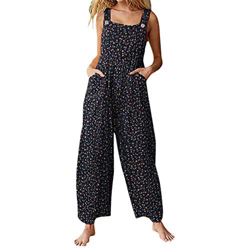 Qtinghua Jumpsuits für Damen, lockere Übergröße, Overall, Latzhose, leger, Sommer, Retro-Druck, breite Beine, Knöpfe, Jumpsuits mit Taschen, Dunkelblaue Nr. 1, 40 von Qtinghua