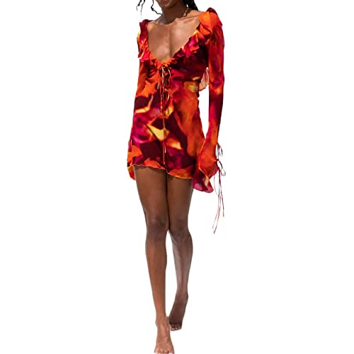 Qtinghua Louatui Y2k Minikleid mit Rüschenbesatz für Frauen, sexy, tiefer Schnitt, schmale Passform, Netzstoff, durchsichtig, kurzes Kleid, Sommer, Strand, Party, Minikleid, B# Orange, Small von Qtinghua