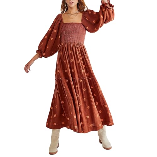 Qtinghua Maxikleid mit Puffärmeln für Damen, quadratischer Ausschnitt, Blumenstickerei, fließendes, langes Kleid, hohe Taille, gestuftes A-Linien-Partykleid, Floral Dirty Orange, Medium von Qtinghua