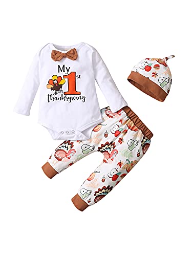 Qtinghua My First Thanksgiving Newborn Baby Boys Outfits Long Sleeve Romper+Pants+Hat 3Pcs Sets Fall Winter Clothes (White, 0-3 Months) von Qtinghua