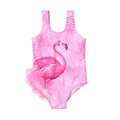 Qtinghua Niedlicher einteiliger Badeanzug für Mädchen, Flamingo-Leopardenmuster, U-förmiger Ausschnitt, Bademode für Urlaub, Reisen, rose, 110 cm von Qtinghua