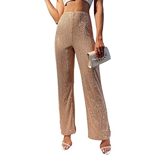 Qtinghua Paillettenhose für Frauen Hohe Taille Glockenhose Glitzer Breites Bein Palazzo Hosen Nachtclub Funkeln Schlaghose, A-Champagner, M von Qtinghua