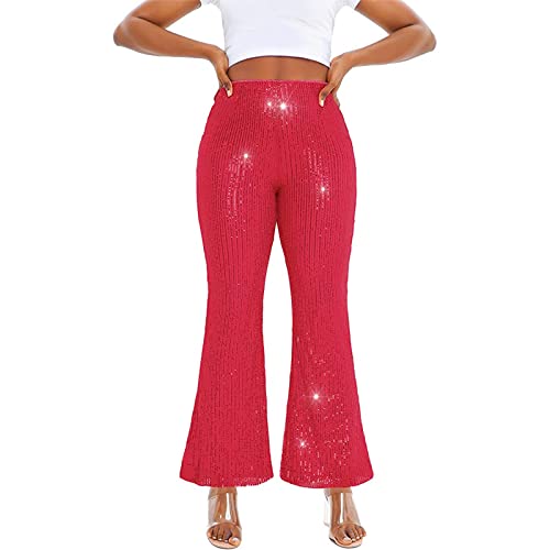 Qtinghua Paillettenhose für Frauen, hohe Taille, Glockenhose, glitzernd, weites Bein, Palazzo-Hose, Nachtclub, funkelnde Ausgestellte Hose, A-Rose Red, XL von Qtinghua