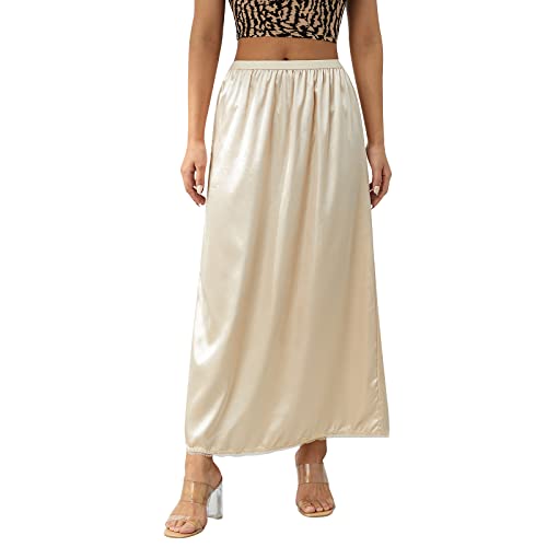 Qtinghua Satin Halbe Slip für Frauen Unter Kleidern Plus Größe Einfarbig Lange Unterrock Spitzenbesatz Elastische Taille Maxi Slip Rock, B# Champagner, Medium von Qtinghua