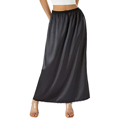 Qtinghua Satin Halbe Slip für Frauen Unter Kleidern Plus Größe Einfarbig Lange Unterrock Spitzenbesatz Elastische Taille Maxi Slip Rock, B# Schwarz, 48 von Qtinghua