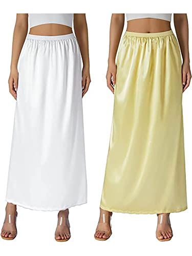 Qtinghua Satin Halbe Slip für Frauen Unter Kleidern Plus Größe Einfarbig Lange Unterrock Spitzenbesatz Elastische Taille Maxi Slip Rock, B # Weiß+Beige Gelb, 46 von Qtinghua