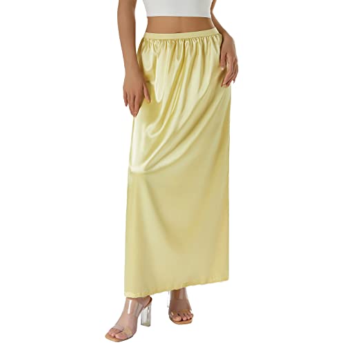 Qtinghua Satin Half Slip für Damen Unterkleider Plus Size Einfarbig Langer Unterrock Spitzenbesatz Elastische Taille Maxi Slip Rock, B# Beige Gelb, L von Qtinghua