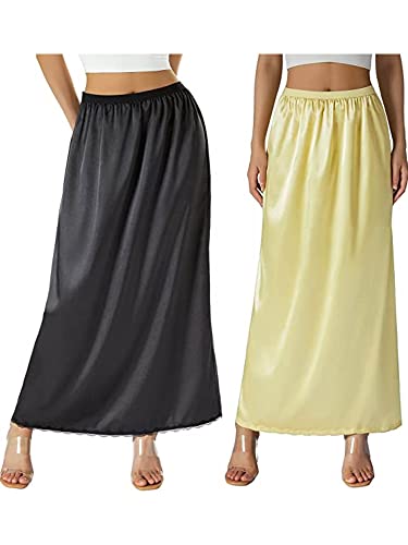 Qtinghua Satin Half Slip für Damen Unterkleider Plus Size Einfarbig Langer Unterrock Spitzenbesatz Elastische Taille Maxi Slip Rock, B # Schwarz + Beige Gelb, 48 von Qtinghua