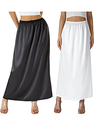 Qtinghua Satin Half Slip für Damen Unterkleider Plus Size Einfarbig Langer Unterrock Spitzenbesatz Elastische Taille Maxi Slip Rock, B # Weiß + Schwarz, X-Large von Qtinghua