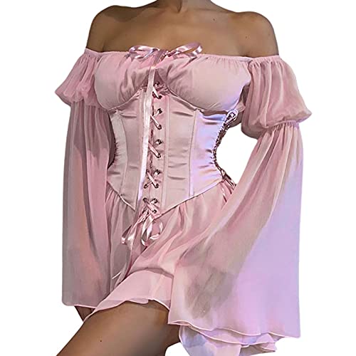 Qtinghua Schulterfreies Mesh-Renaissance-Kleid für Damen, kurzes Kleid, unregelmäßig, verstellbare Schnürung, lange Puffärmel, Swing-Kleid mit Bustier, Rosa mit Bustier, Small von Qtinghua