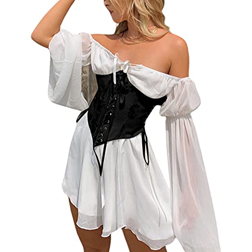 Qtinghua Schulterfreies Mesh-Renaissance-Kleid für Damen, kurzes Kleid, unregelmäßig, verstellbare Schnürung, lange Puffärmel, Swing-Kleid mit Bustier, Weiß ohne Bustier, Small von Qtinghua