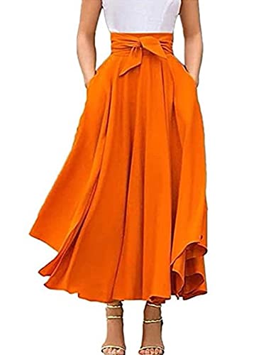 Qtinghua Sommer Damen Hohe Taille Einfarbig Maxirock Mode Schleife Ausgestellt Plissee -Rüschen Langer Rock mit Tasche, Orange, 36 von Qtinghua